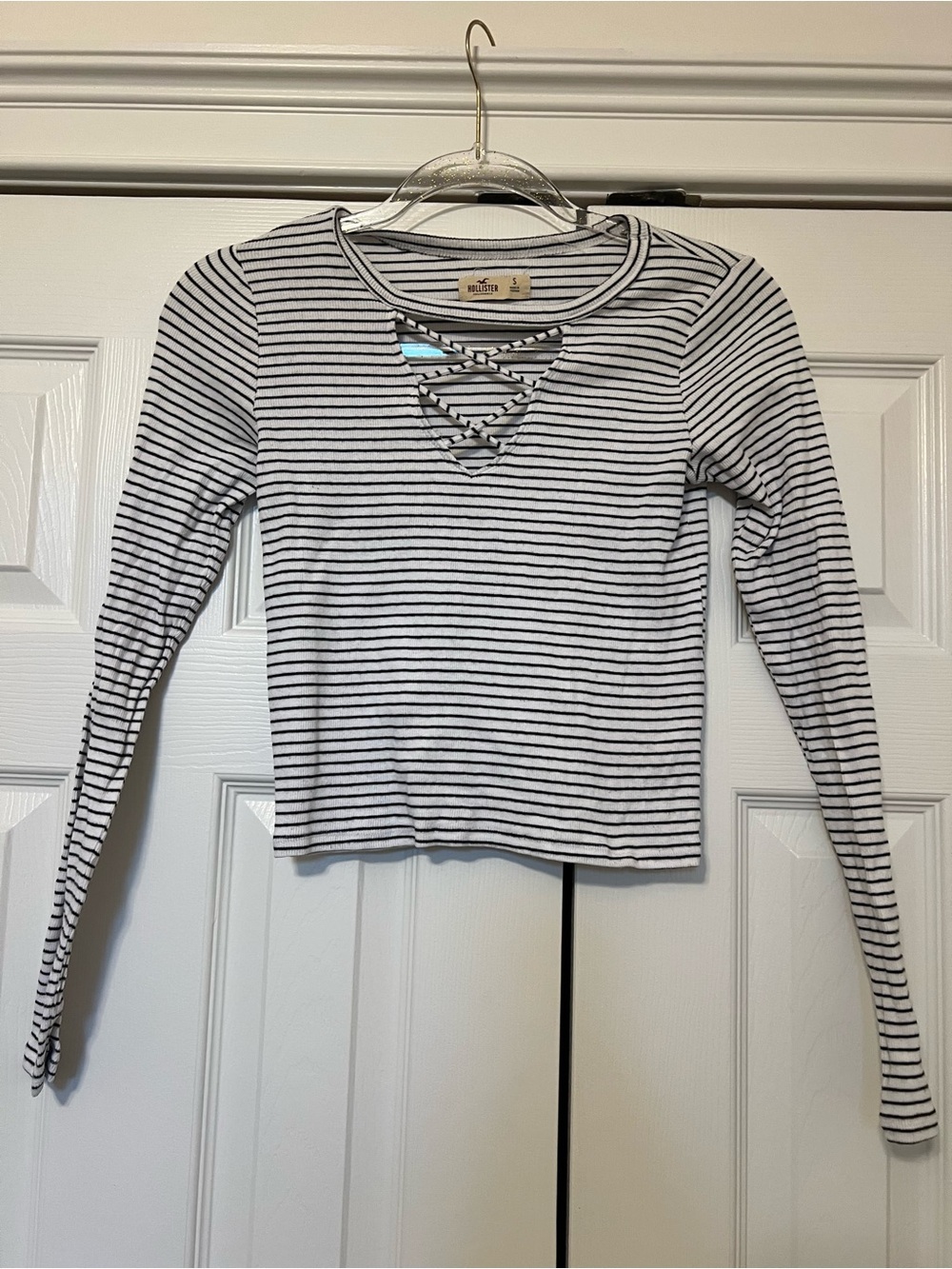 Hollister Black & White Striped Crisscross Long Sleeve Top, Size S